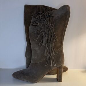 Vince Camuto Taupe Suede Fringe Heeled Boots